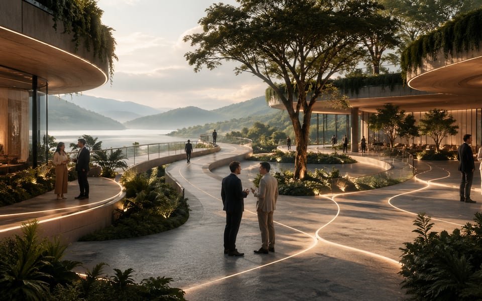 Business groups meeting across a landscaped campus with illuminated paths.