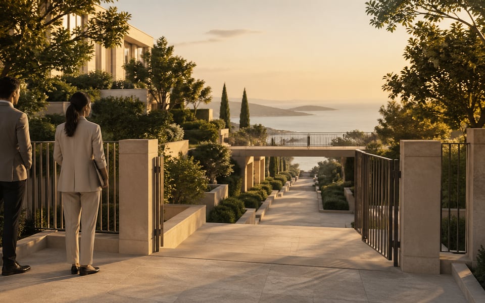 Two people standing by open gates overlooking a coastal property at sunset.