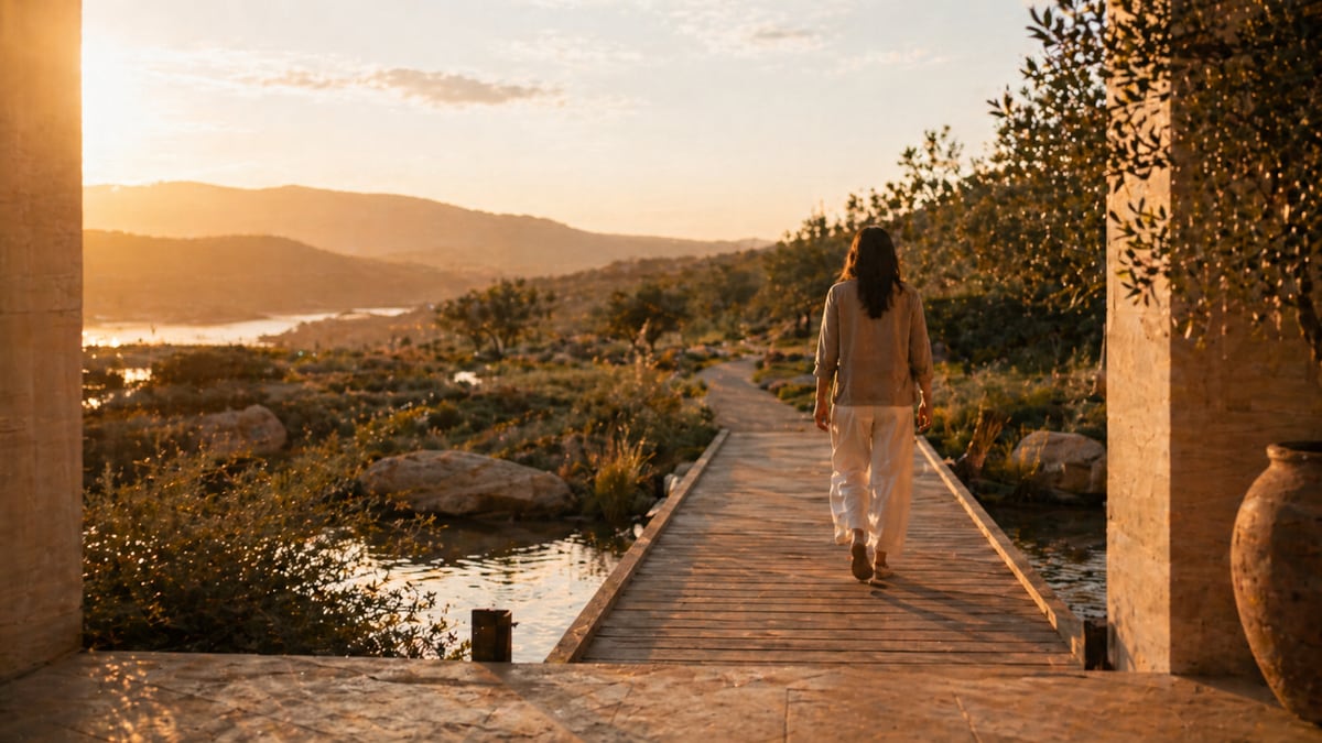 Person walking along a garden path toward a coastal landscape in warm evening light.